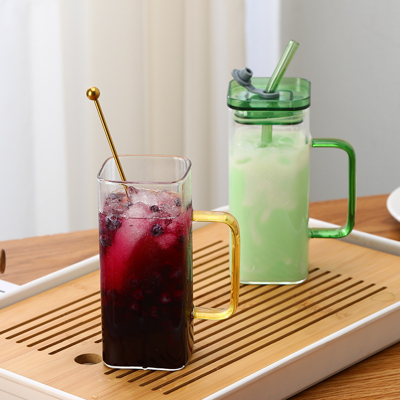 Square glass cups with colorful handles, milk and juice cups, transparent and simple household cups, high borosilicate glass water cups details Picture