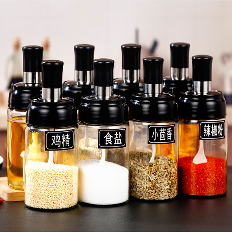 Glass seasoning jars, salt jars, monosodium glutamate bottles, kitchen seasoning jars, spoon and lid integrated seasoning bottles, glass seasoning portioning bottles full figure