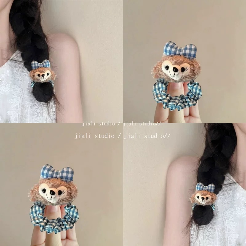 Cute Shirley's rose checkered hair band! Soft and cute hair tie with a girlish heart, cartoon Duffy Bear hair tie and hair bun device Application Scenario