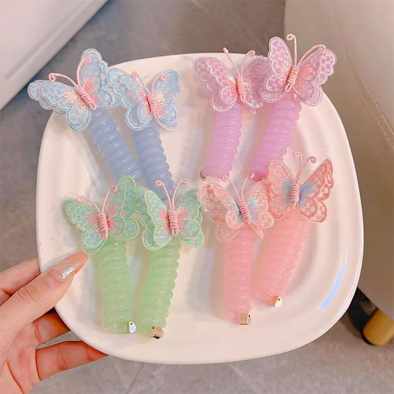 Embroidered butterfly telephone line hair tie, high elasticity for children without damaging hair, hair band for girls to braid, cute curly hair accessory full figure