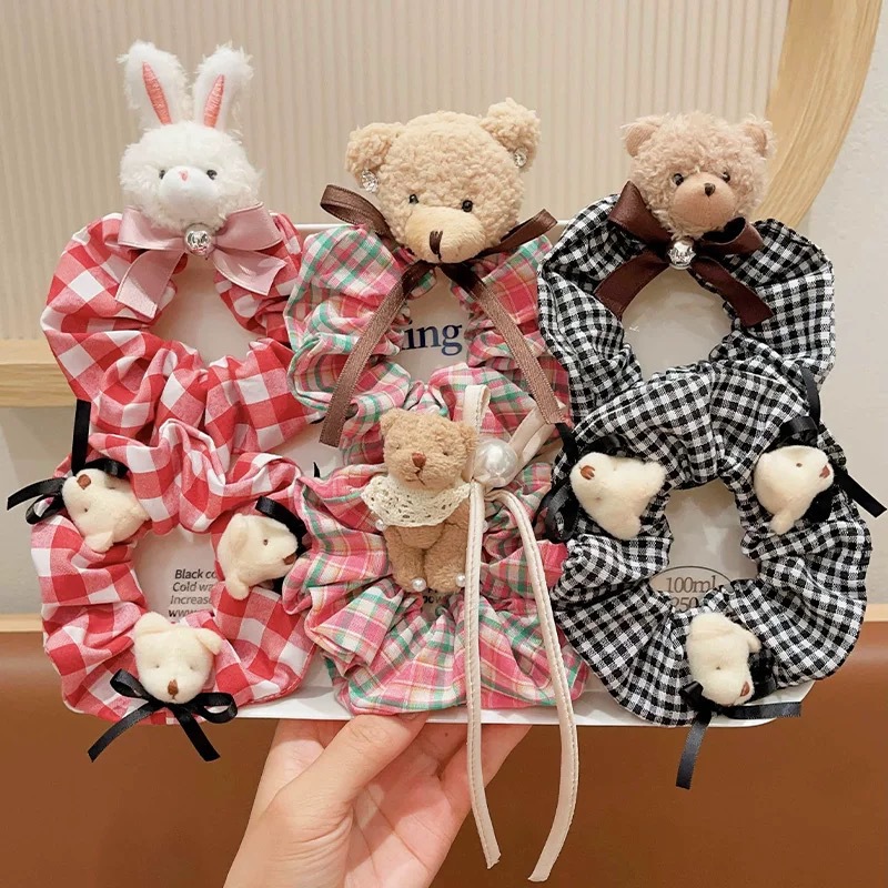 Cute girl's large intestine hair tie, rabbit bear checkered hair band, sweet girl's hair tie, children's cartoon hair tie full figure