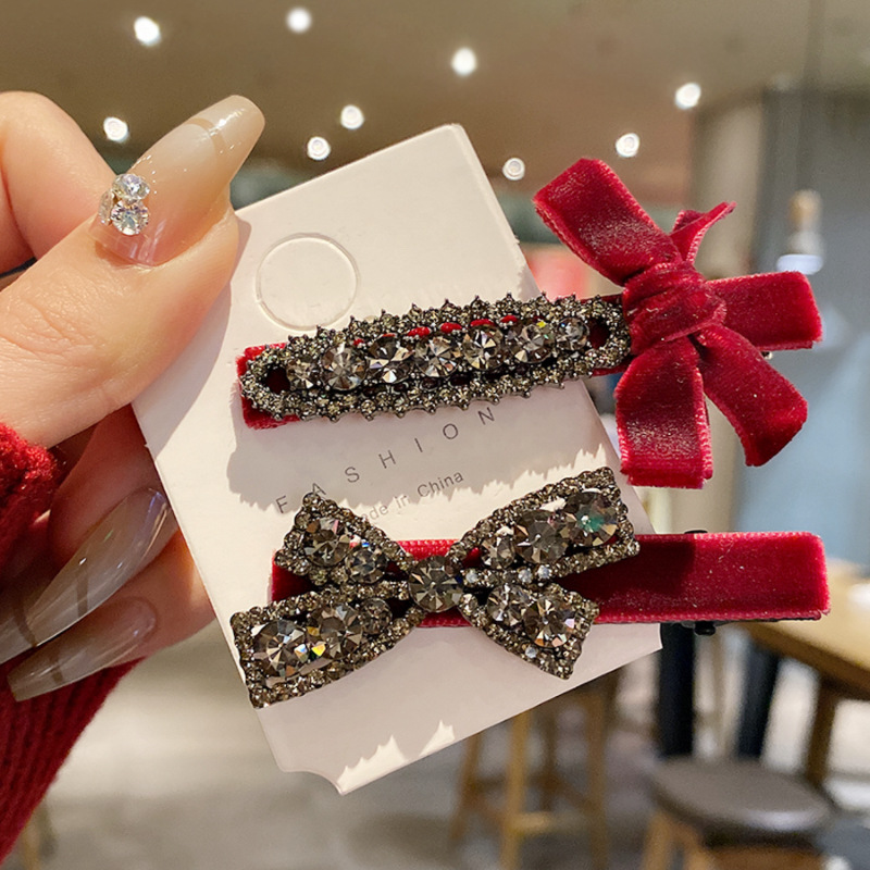 High-end, light luxury wine red velvet bow, grey rhinestone duckbill clip, sweet and elegant hair clip, side clip, bangs clip Specification drawing