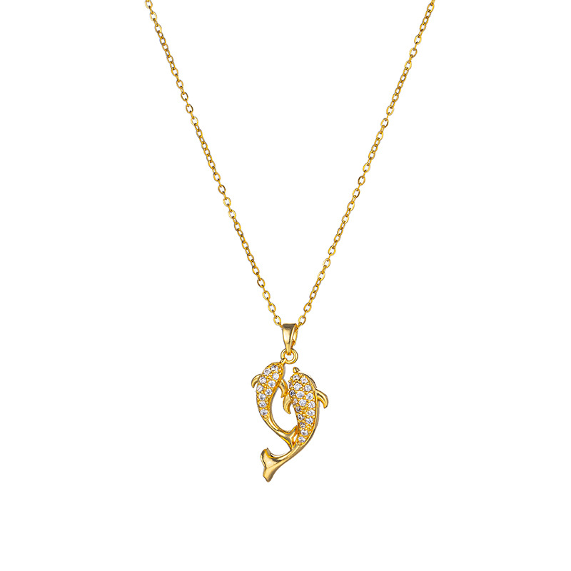 European and American fashion full diamond double fish pendant titanium steel necklace, women's niche design sense, light luxury collarbone chain, individual trendy accessory Item Picture