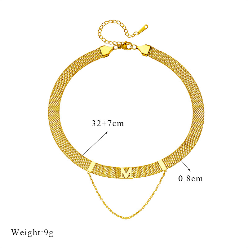 European and American fashion niche design metal titanium steel mesh tassel chain letter M accessory short collarbone necklace Item Picture