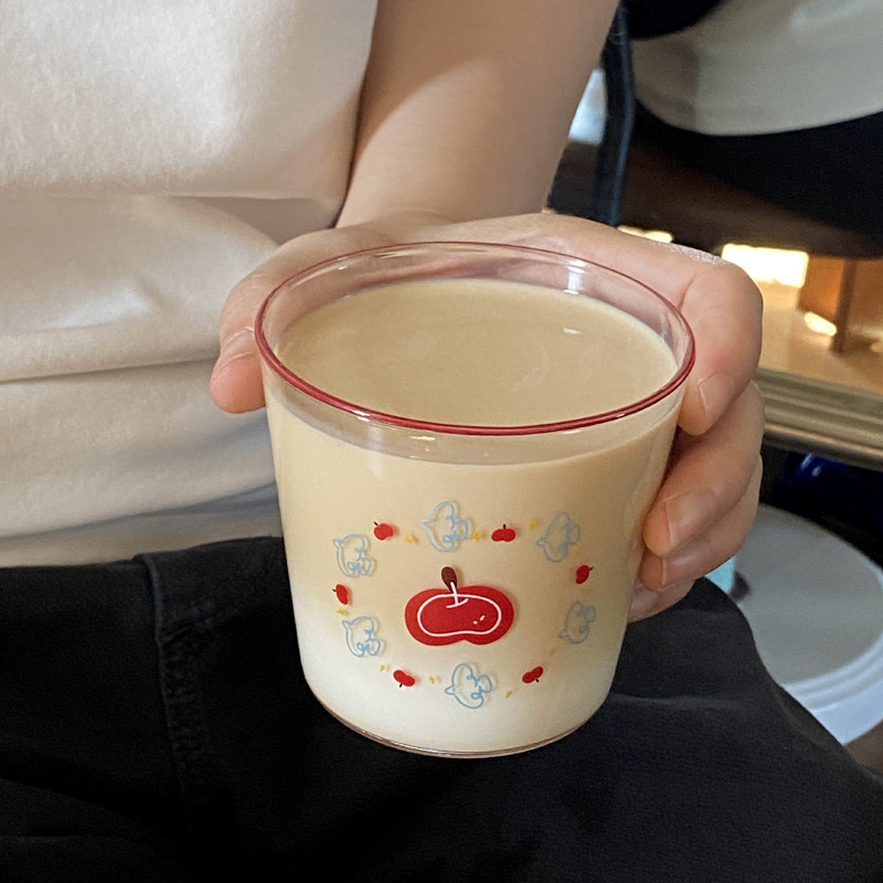 Homemade summer blue bird apple high borosilicate heat-resistant glass cup, ins cartoon cute dog juice cup Specification drawing