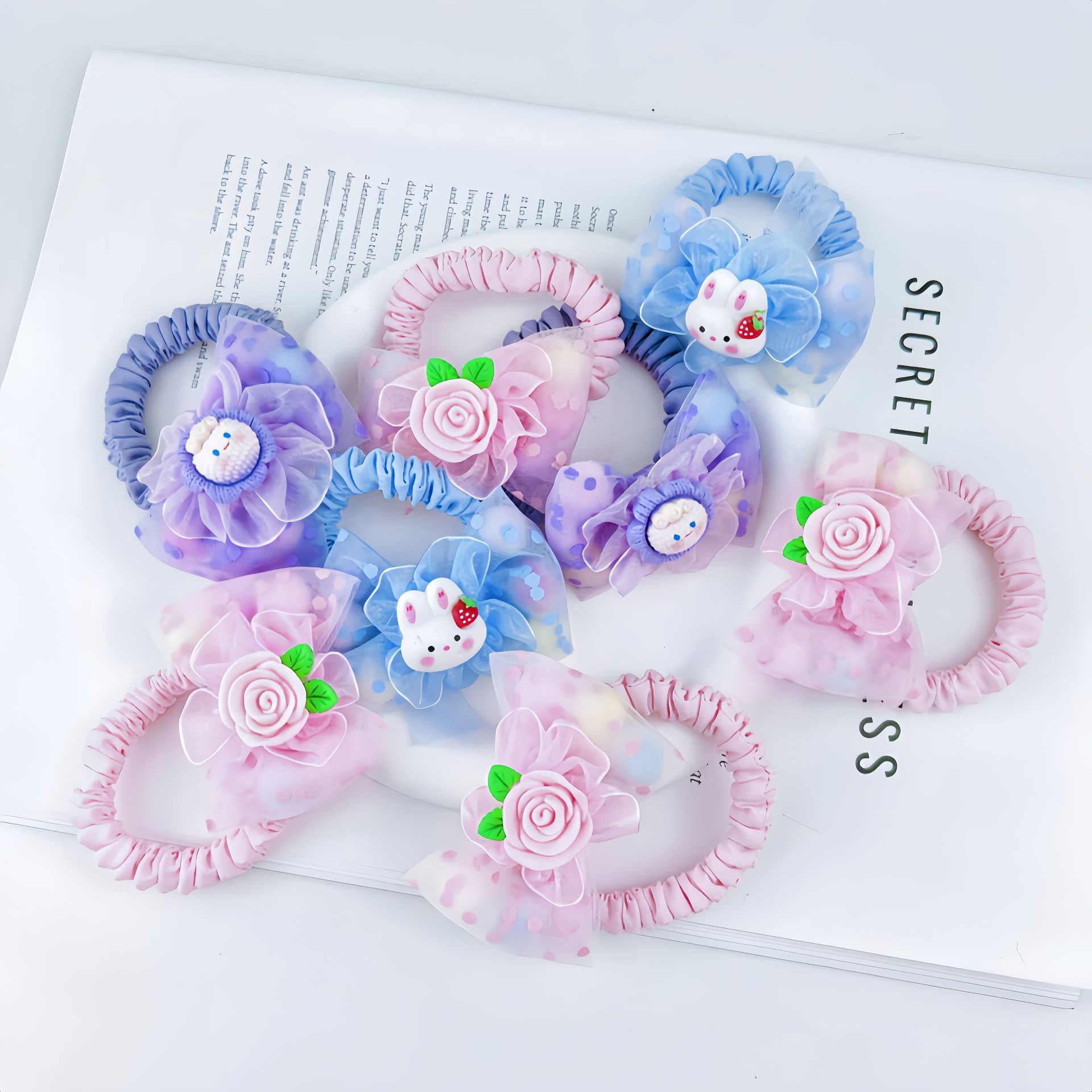 Children's flower cartoon hair bands, little girl with a ponytail, elastic headwear, sweet and cute hair ties, girl princess hair accessories details Picture
