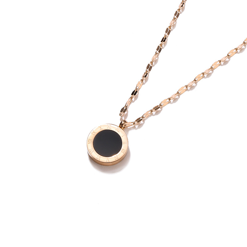 Titanium steel Roman numeral black and white double-sided mother-of-pearl necklace for women, simple and niche design sense, non-fading, popular Internet celebrity collarbone chain Item Picture