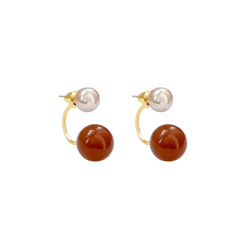 Retro coffee-colored Maillard round ball earrings, a niche design for women's spring and summer, with a high-end feel and a light luxury style Item Picture