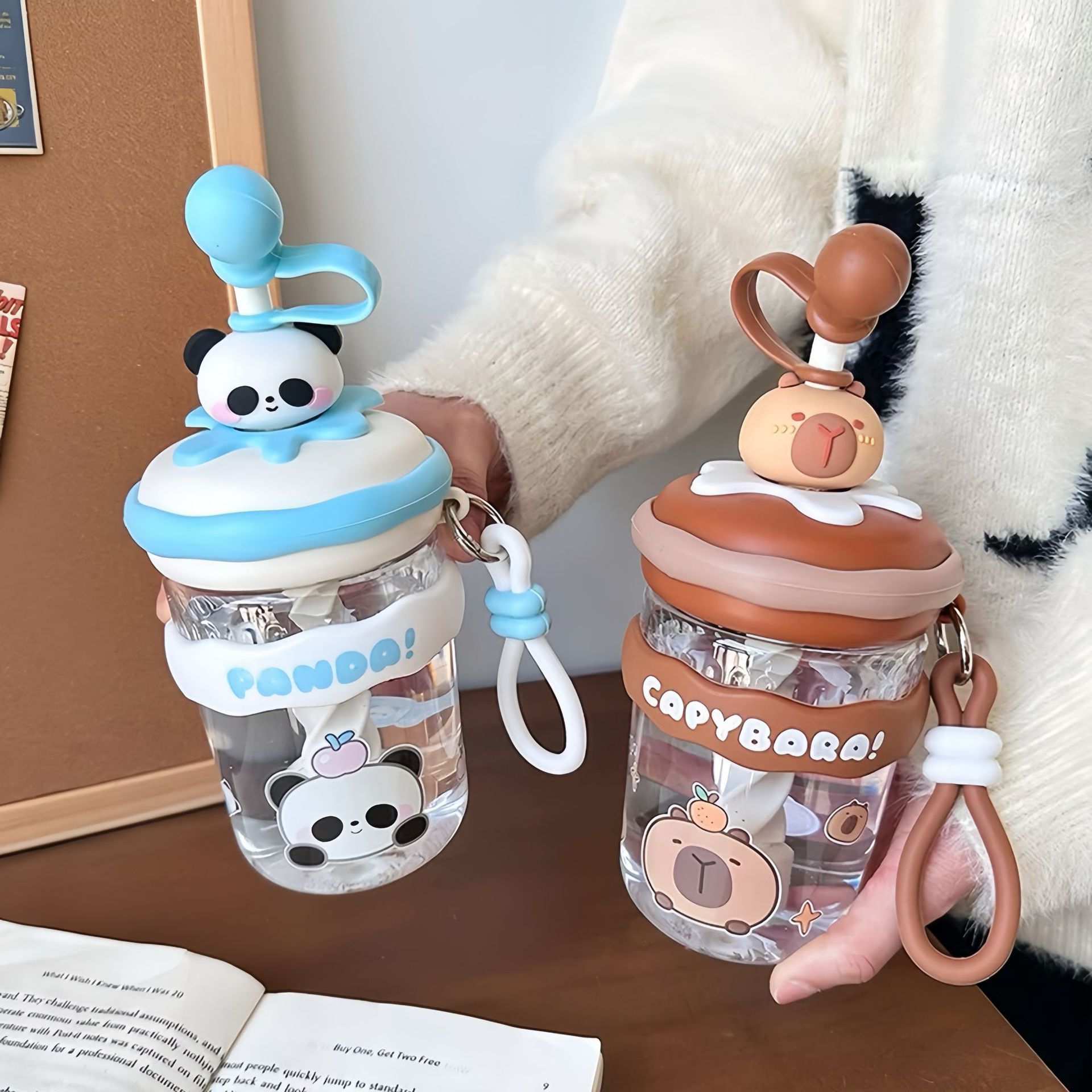 Cute tritan water cup, children's high appearance level cartoon mixing cup, portable milk and juice straw cup full figure