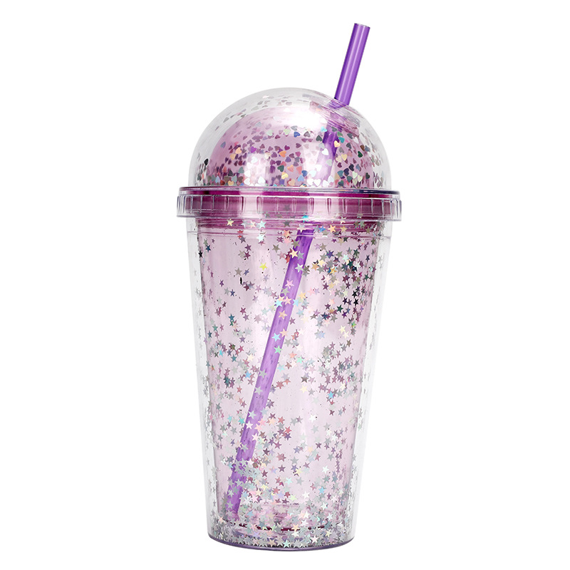 New cross-border factory direct supply transparent double-layer plastic cup, dome lid straw cup with sequins, high appearance level water cup Item Picture