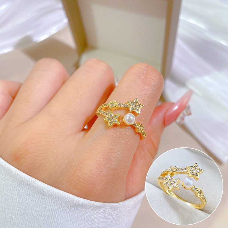【 Real gold electroplating 】 Open star pearl fashionable slightly inlaid light luxury ring index finger ring, the same style as Internet celebrities, cold style full figure
