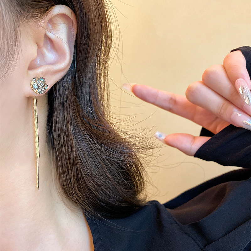 S925 Silver Needle Light Luxury Long tassel earrings with a fashionable and high-end feel - a two-piece zirconia stud earrings wholesale Specification drawing