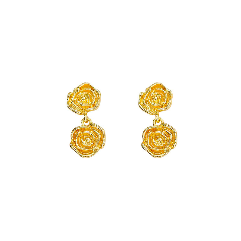 French retro metal rose earrings, a light luxury, niche and high-end look for women, tassel stud earrings, a popular earpiece Item Picture