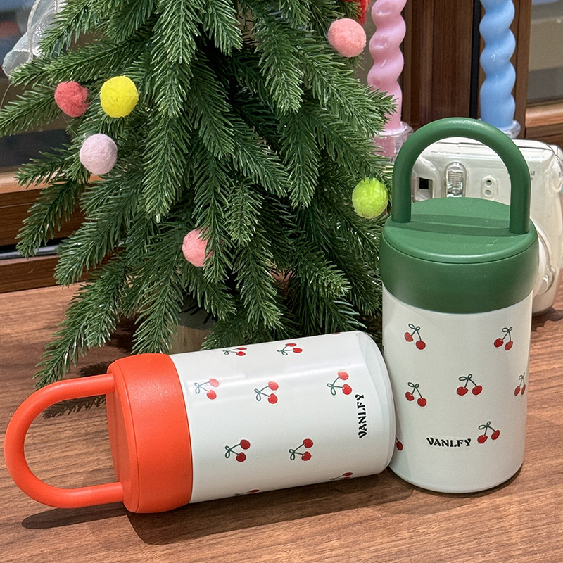 New handle cup, cold and heat preservation cup, ins heat preservation cup with handle, cute stainless steel, Japanese cherry style details Picture