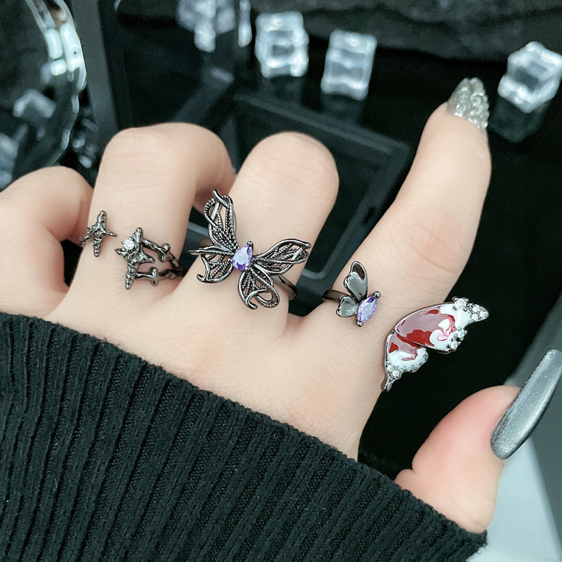 Dark butterfly-punk cross-border open-top ring for women, androgynous style, starlight, niche and individualistic spice ring details Picture