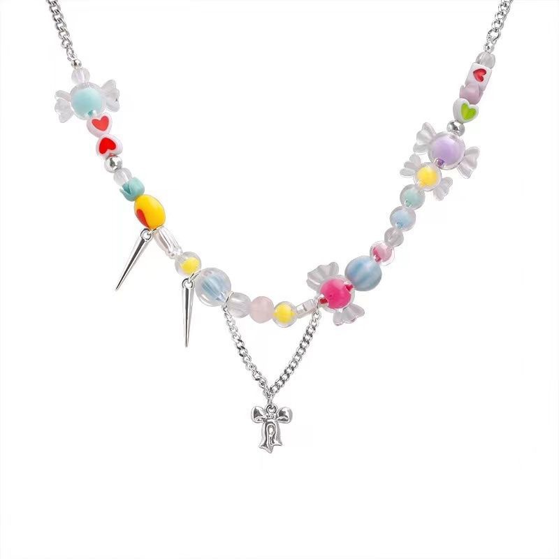 Sweet and cool spicy girl style colorful patchwork necklace for women 2023 new trendy and popular dopamine candy collarbone chain Item Picture