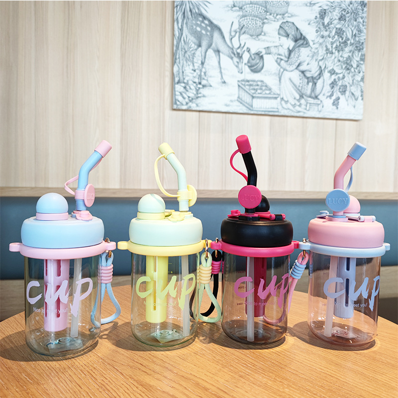 Summer portable rope double-drinking straw plastic water cup for student girls Korean version trendy tea stranding flower tea cup full figure