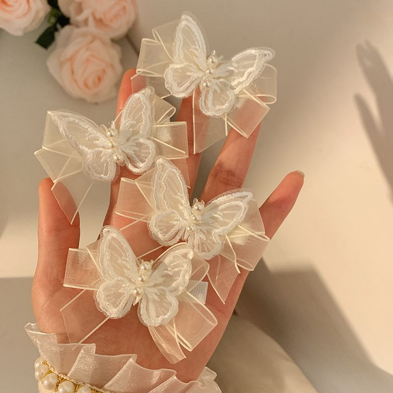 Super fairy-like white gauze pearl butterfly hairpin, sweet forest-style bow, small hairpin with braided hair accessory at the edge full figure