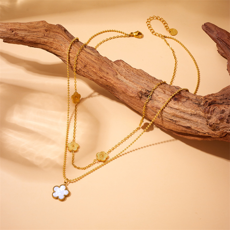 A fashionable and retro style, simple gold-plated flower double-layer chain stainless steel jewelry necklace details Picture
