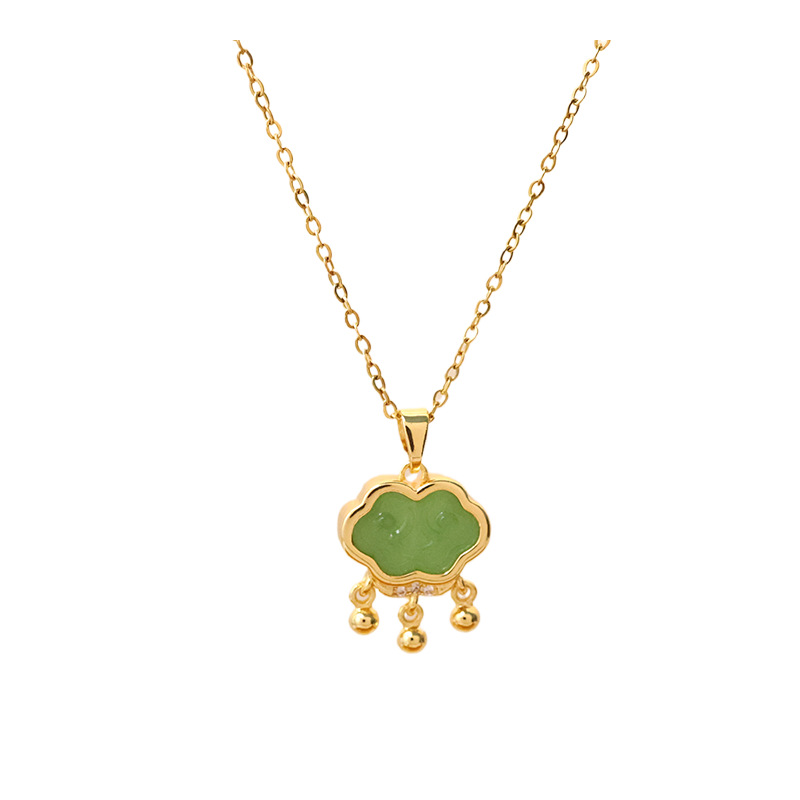 Green imitation chalcedony glass peace lock pendant titanium steel necklace women's summer light luxury high-end collarbone chain batch Item Picture