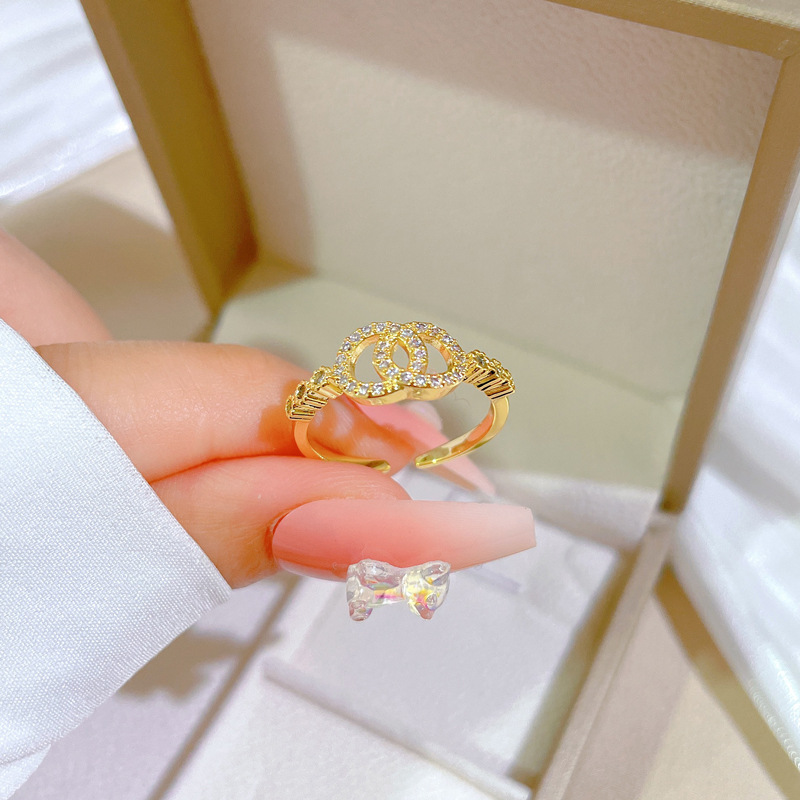 【 Real gold electroplating 】 Open double-ring small incense, fashionable, slightly inlaid, light luxury ring, index finger ring, the same style as the Internet celebrity, cold style details Picture