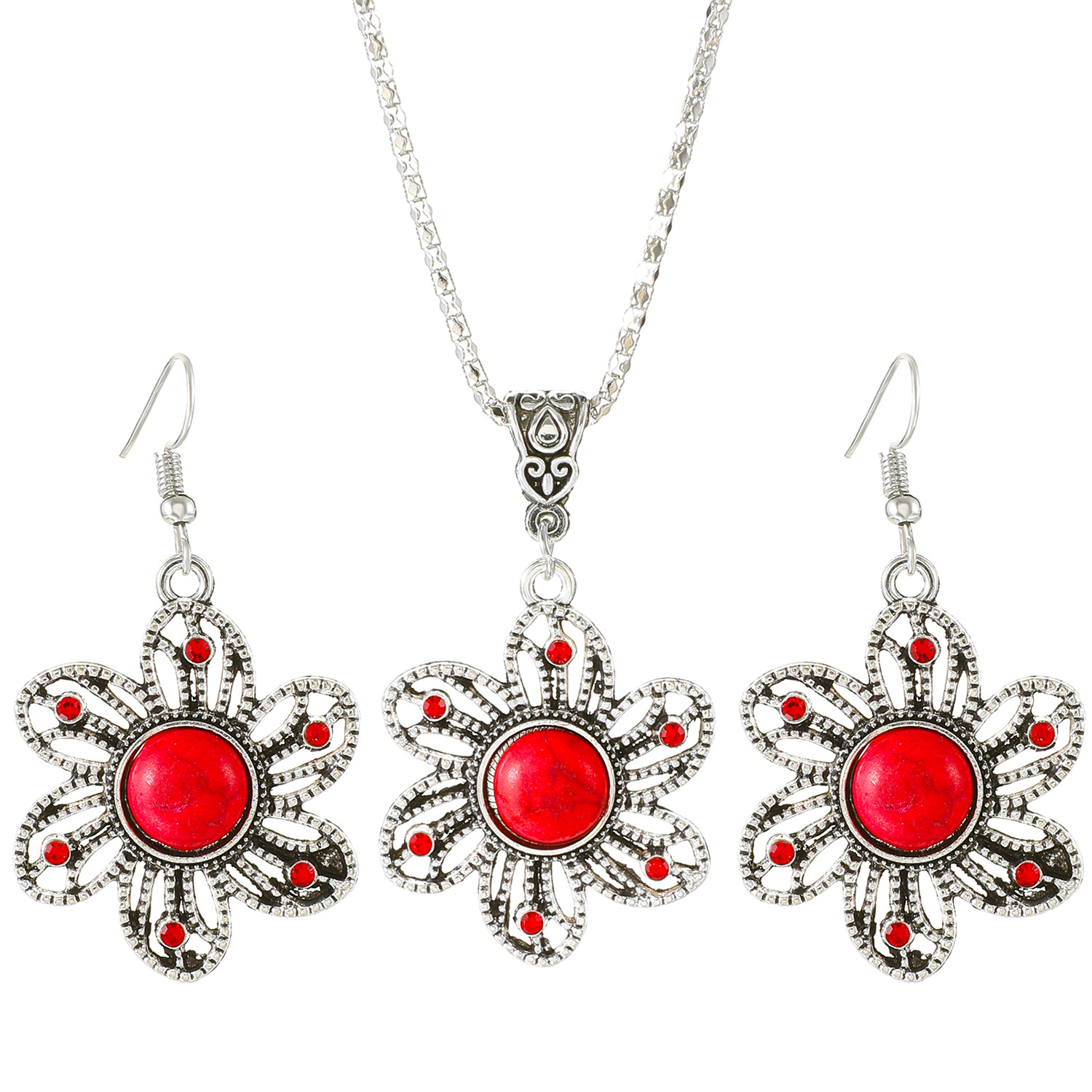 European and American cross-border retro French turquoise pendant earrings necklace set, hollowed-out sunflower earrings collarbone chain accessories Item Picture