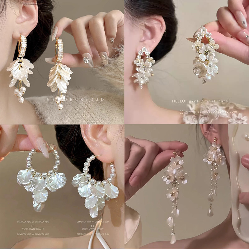 Super fairy-like French flower tassel earrings, women's niche exaggerated earrings, unique charm, earrings and stud earrings, bride's earrings full figure