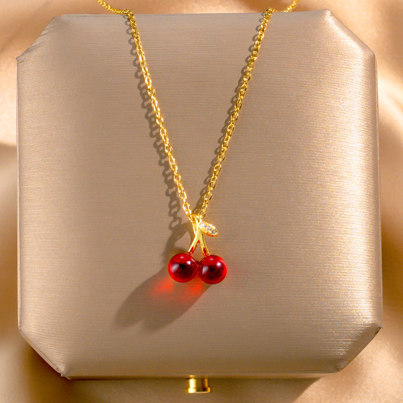 A simple and cute Japanese and Korean cherry titanium steel necklace with a new Instagram style for women, a niche Internet celebrity collarbone chain, and a versatile accessory full figure