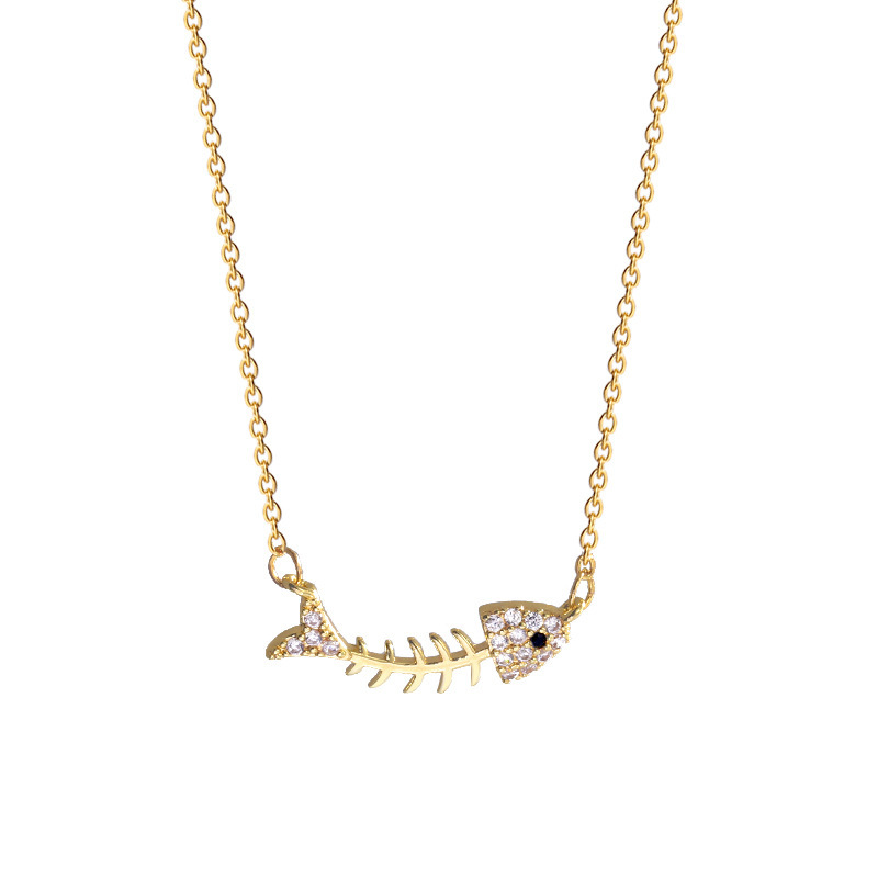 A new 18k gold-plated personalized fishbone pendant necklace in Korean style, a trendy female Instagram influencer with a niche design sense and diamond-encrusted jewelry Item Picture