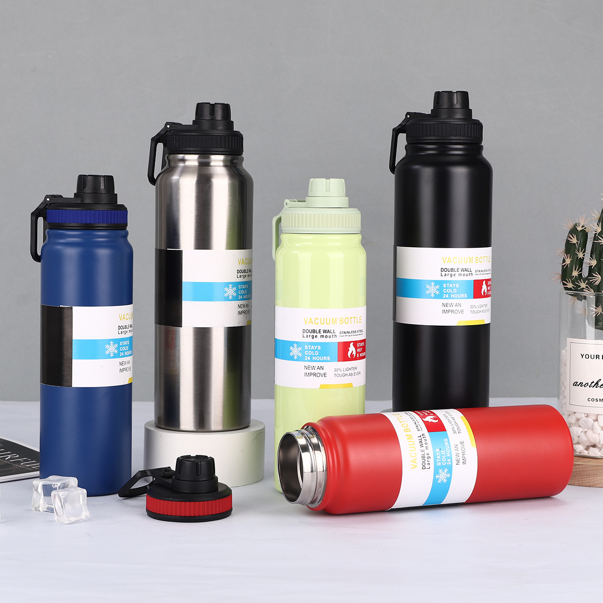 New double-layer 304 stainless steel shock-resistant portable outdoor fitness water bottle with handle for direct drinking during exercise details Picture