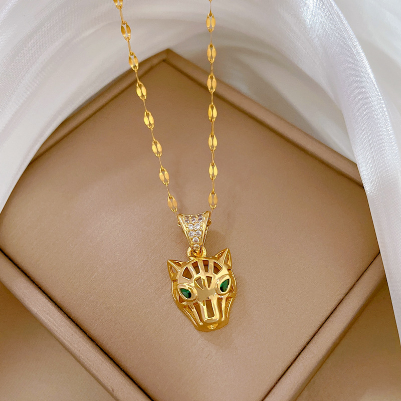 【 Titanium Steel 】 Perforated leopard head Light Luxury Cross-border Banquet and wedding necklace, versatile collarbone chain for female Internet celebrities, titanium steel chain Specification drawing