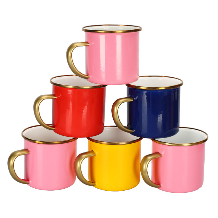 Metal pure enamel cup, gold-plated rolled edge enamel cup manufacturer, with printed LOGO, retro and creative full figure