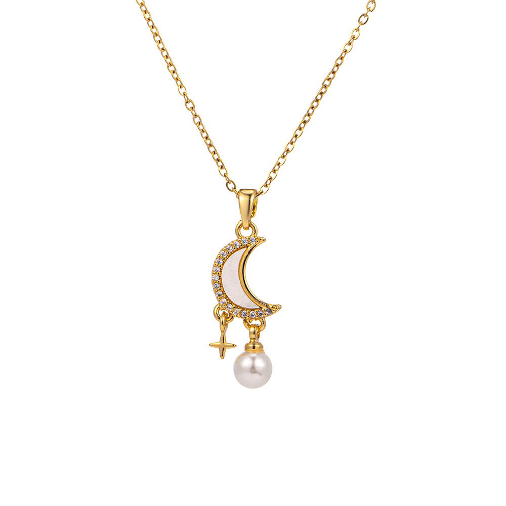 Moon and star pendant, pearl tassel necklace, trendy and luxurious titanium steel collarbone chain for women on Instagram, a popular online accessory Item Picture