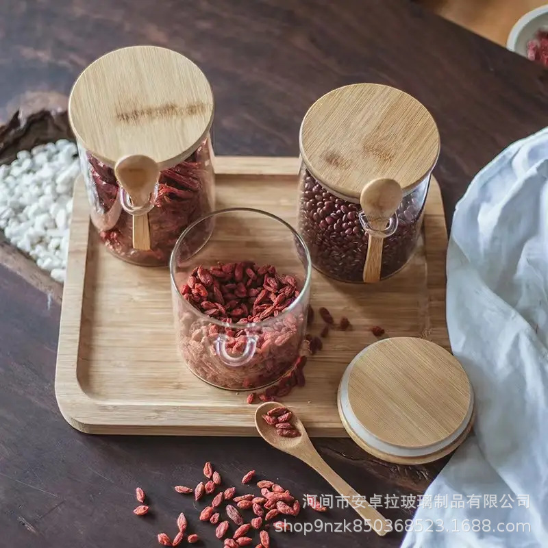 Customized round seasoning jar set, transparent glass storage jars for kitchen organization, sugar jars, tea storage jars with spoons details Picture