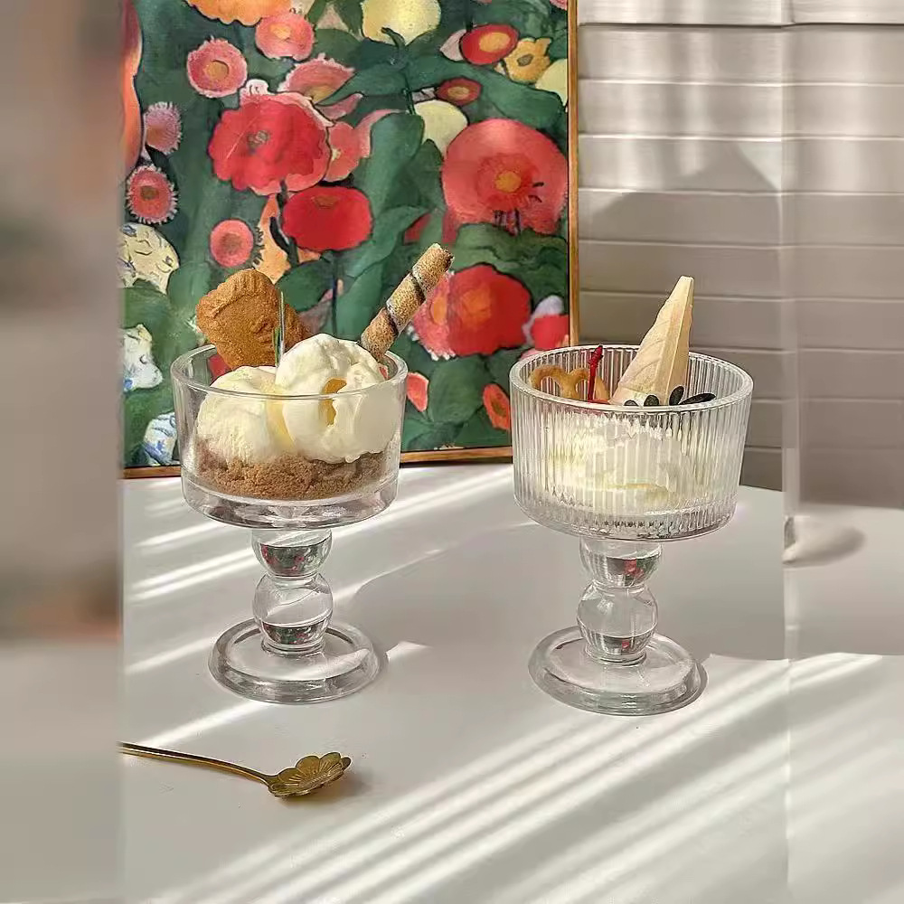 French retro tall ice cream cup, creative transparent yogurt cold drink cup, dessert glass cup, home cocktail cup Application Scenario