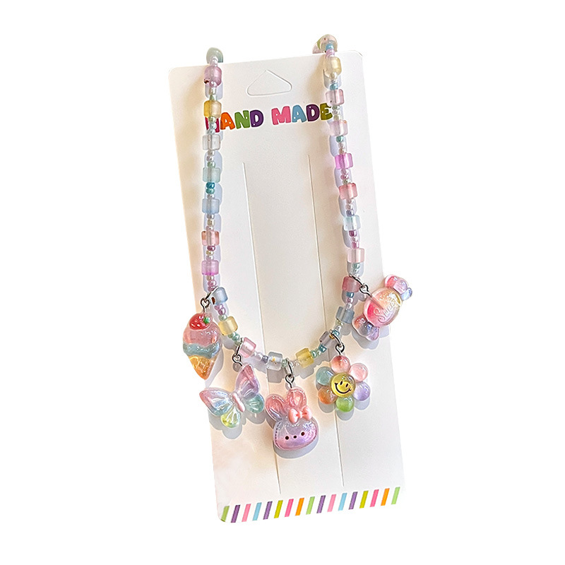 Cartoon cute children's necklace set, sweet pearl ear clips, beaded pendants, baby girl accessories Item Picture