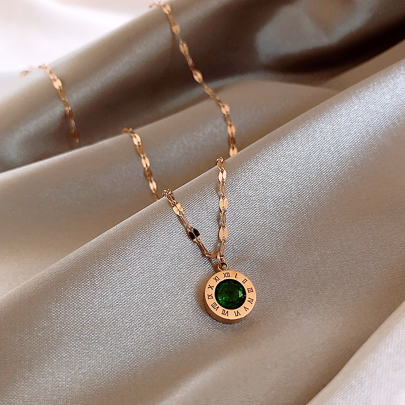 Rose gold green diamond Roman numeral titanium steel necklace, trendy and individualistic collarbone chain, Korean versatile and stylish Internet celebrity necklace details Picture
