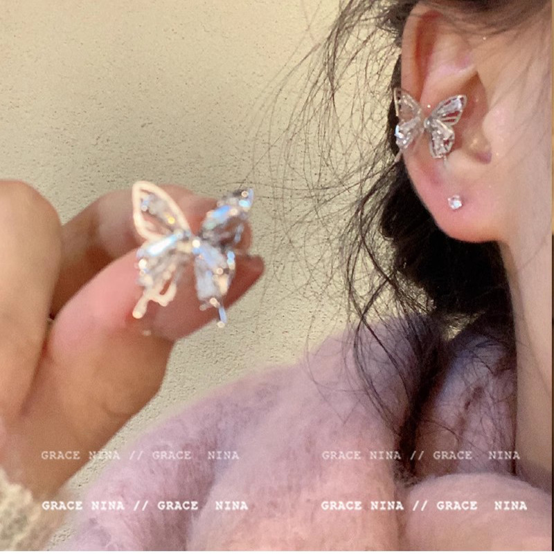 Hollowed-out zircon butterfly ear clips for women, new exquisite, niche and versatile ear studs, light luxury and high-end earrings for women full figure