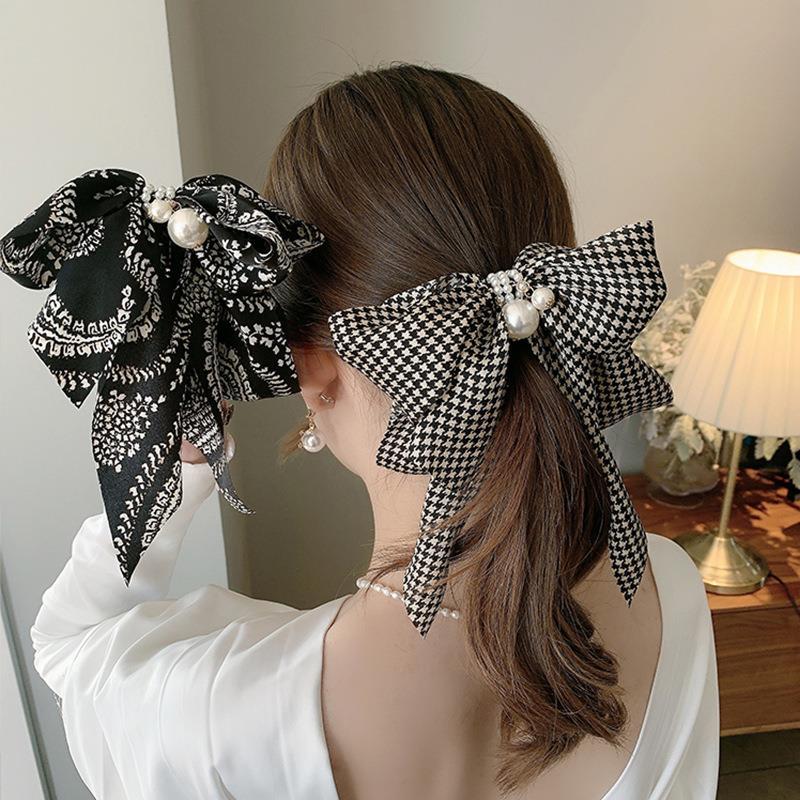 French retro oversized bow spring clip, elegant thousand-bird pattern back head top clip, versatile and elegant hairpin for spring and summer details Picture