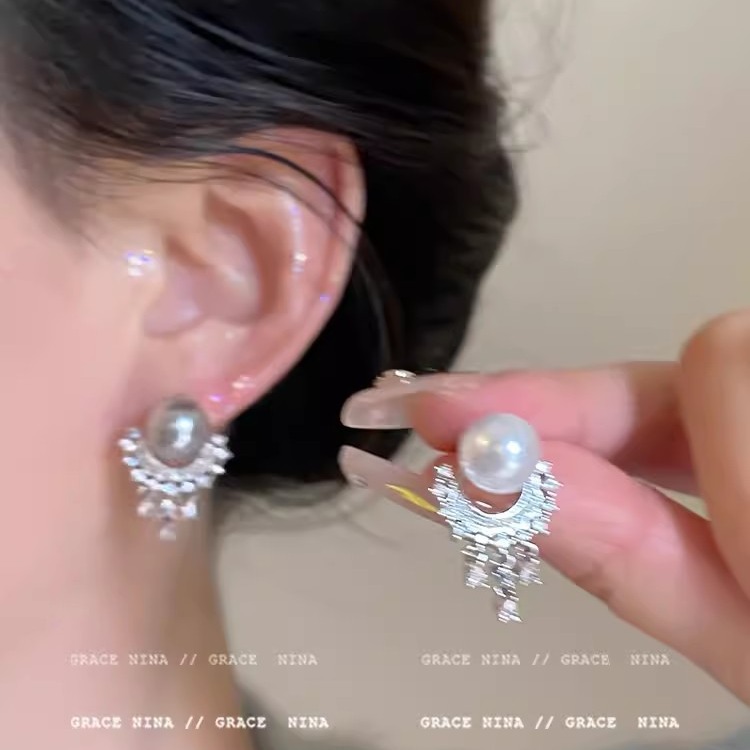 925 Silver Needle Zircon tassel pearl Stud earrings, elegant French earrings, light luxury and high-end earrings, trendy women's style Specification drawing