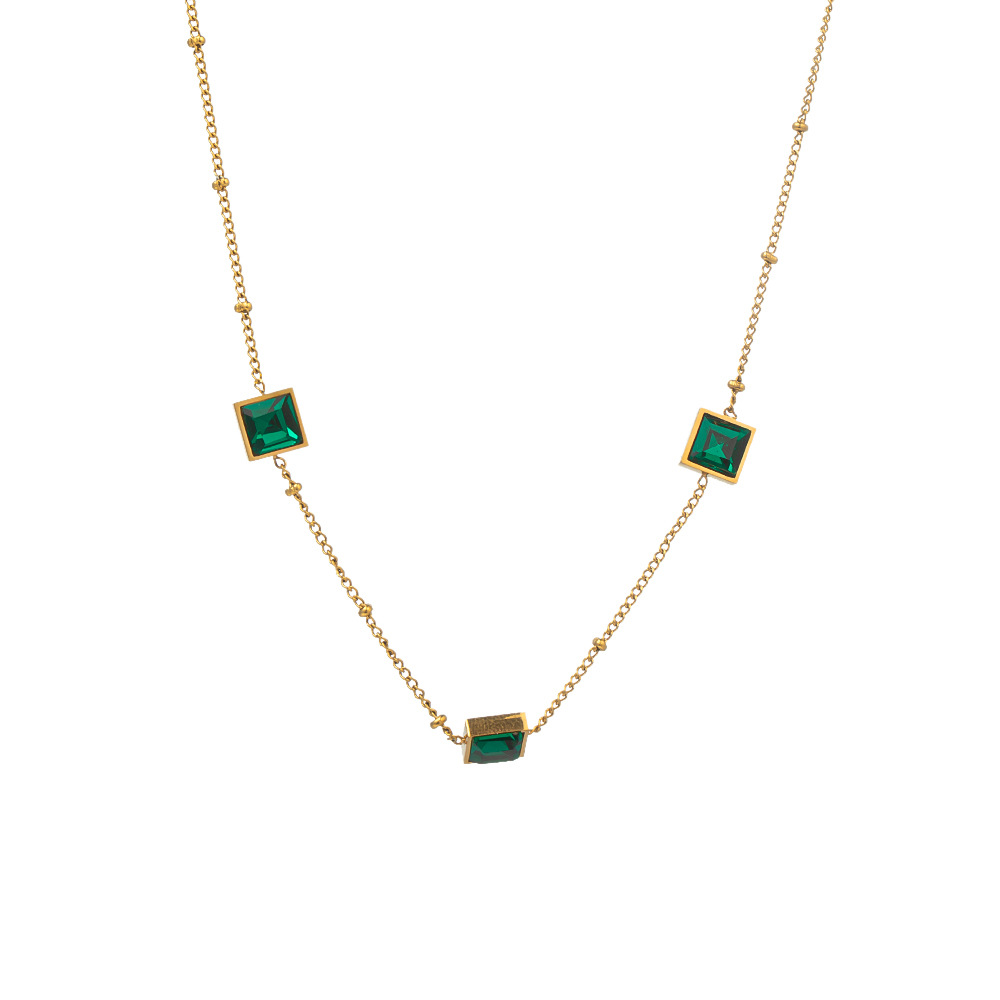 Doudou Chain, a luxurious titanium steel necklace with three green diamonds, exudes a fashionable and sophisticated feminine charm. It's a popular collarbone chain and a versatile accessory Item Picture
