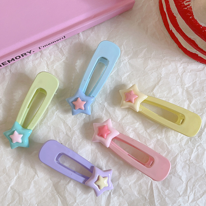 Cute star hair clips, candy-colored cream bb hair clips, frosted five-pointed star side clips, simple side duckbill clips for girls details Picture