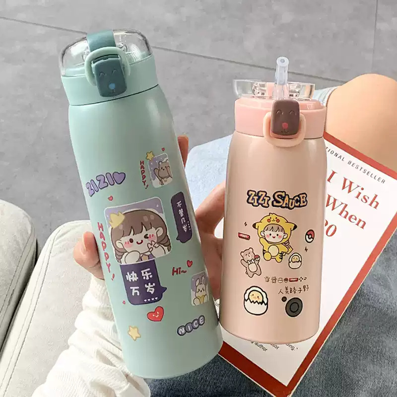 Wholesale of cartoon cute insulated cups, high appearance level pop-up lid straw cups for students, portable leak-proof stainless steel cups for girls full figure