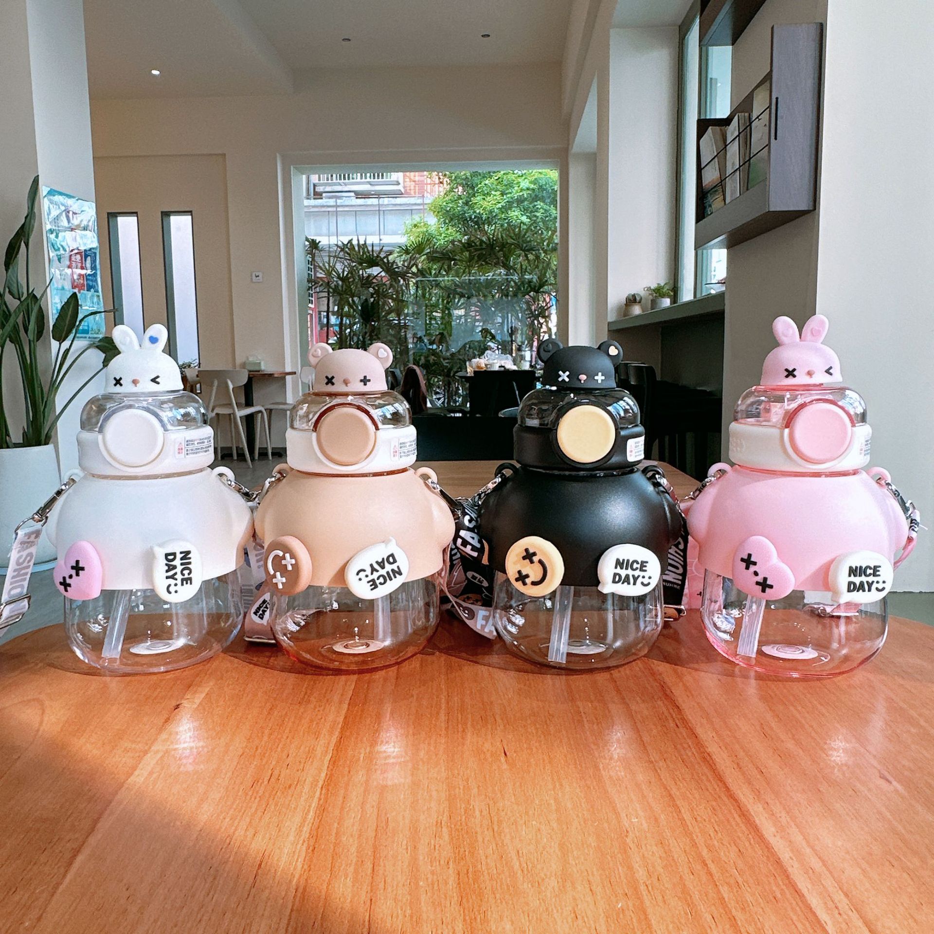 Cute and trendy plastic cups, children's high appearance level straw cups, outdoor bear cartoon dolls for kindergartens, portable water bottles details Picture