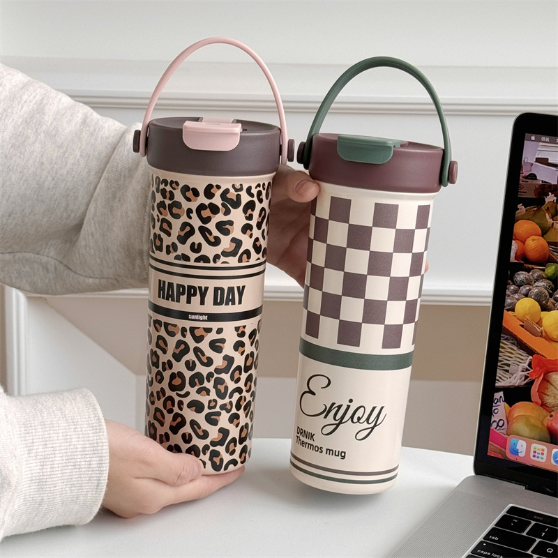 Ins-style retro double-drinking handle cup, portable stainless steel straw cup for going out, creative square student insulated water cup full figure