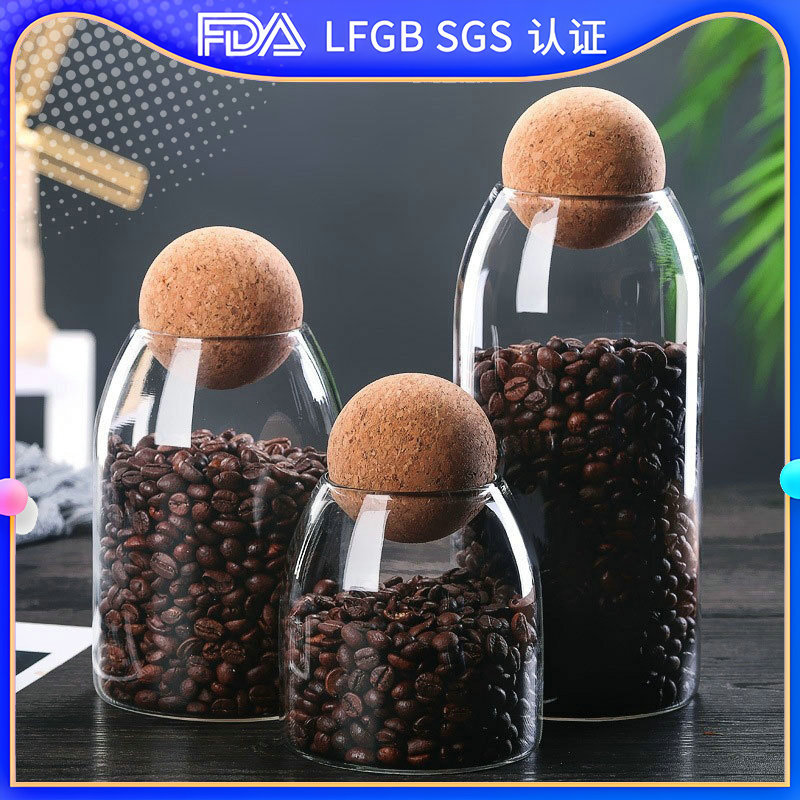 Wholesale spherical cork glass sealed jars for tea and coffee bean storage, kitchen storage for coarse grains and snacks full figure