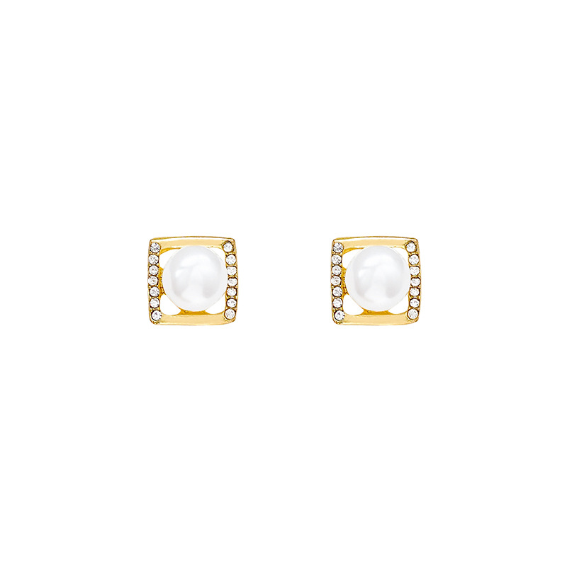 Light luxury and high-end diamond-encrusted pearl square stud earrings for women on Instagram, trendy and versatile earrings, 925 silver needle earrings wholesale Item Picture