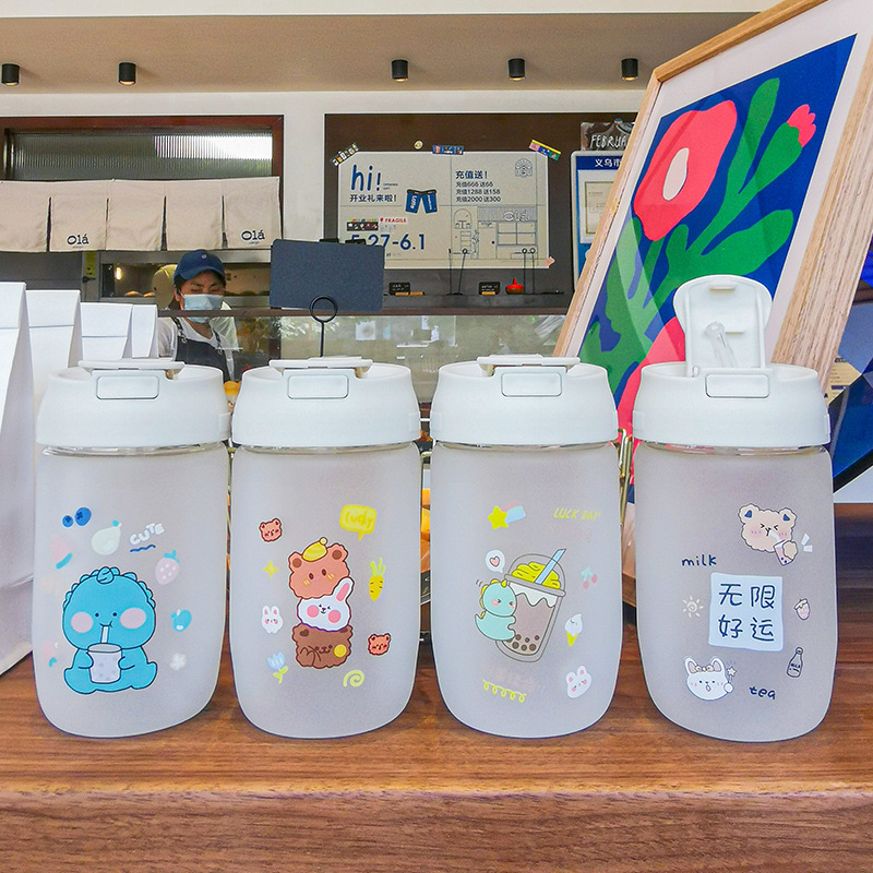 Frosted double-drinking coffee cup, cartoon and cute home and office glass cup, student portable leak-proof double-drinking straw cup Specification drawing