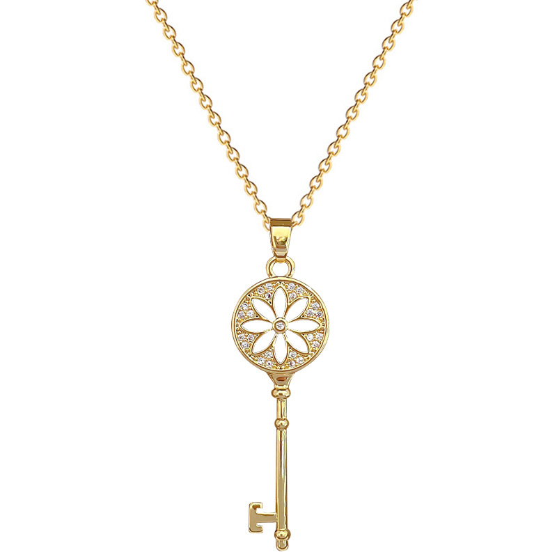【 Titanium Steel 】 Sunflower key, light luxury and elegant, full diamond necklace, versatile for women, collarbone chain, titanium steel chain Item Picture
