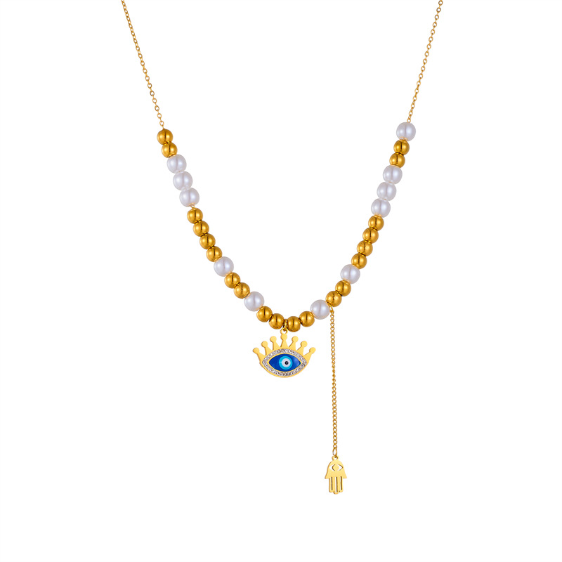European and American fashion, niche and retro two-color beaded chain, tassel, eye palm pendant necklace Item Picture